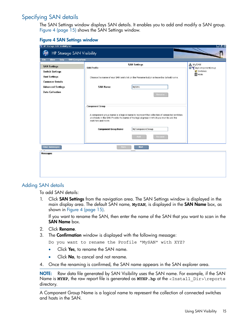 Specifying san details, Adding san details, San settings window | HP SAN User Manual | Page 15 / 59
