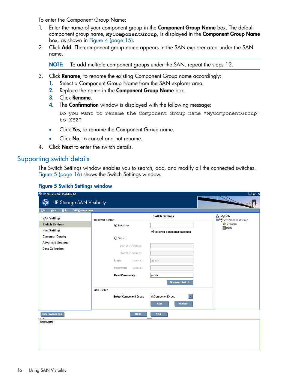 Supporting switch details, Switch settings window, Specifying switch details | HP SAN User Manual | Page 16 / 59