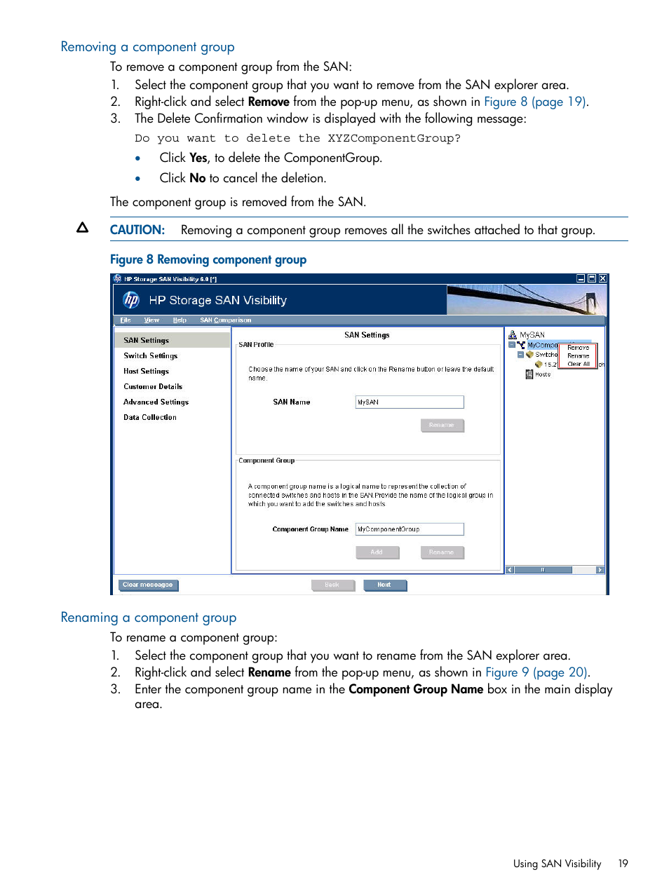 Removing a component group, Renaming a component group, Removing component group | HP SAN User Manual | Page 19 / 59