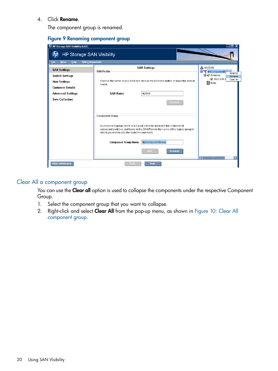 Clear all a component group, Renaming component group | HP SAN User Manual | Page 20 / 59