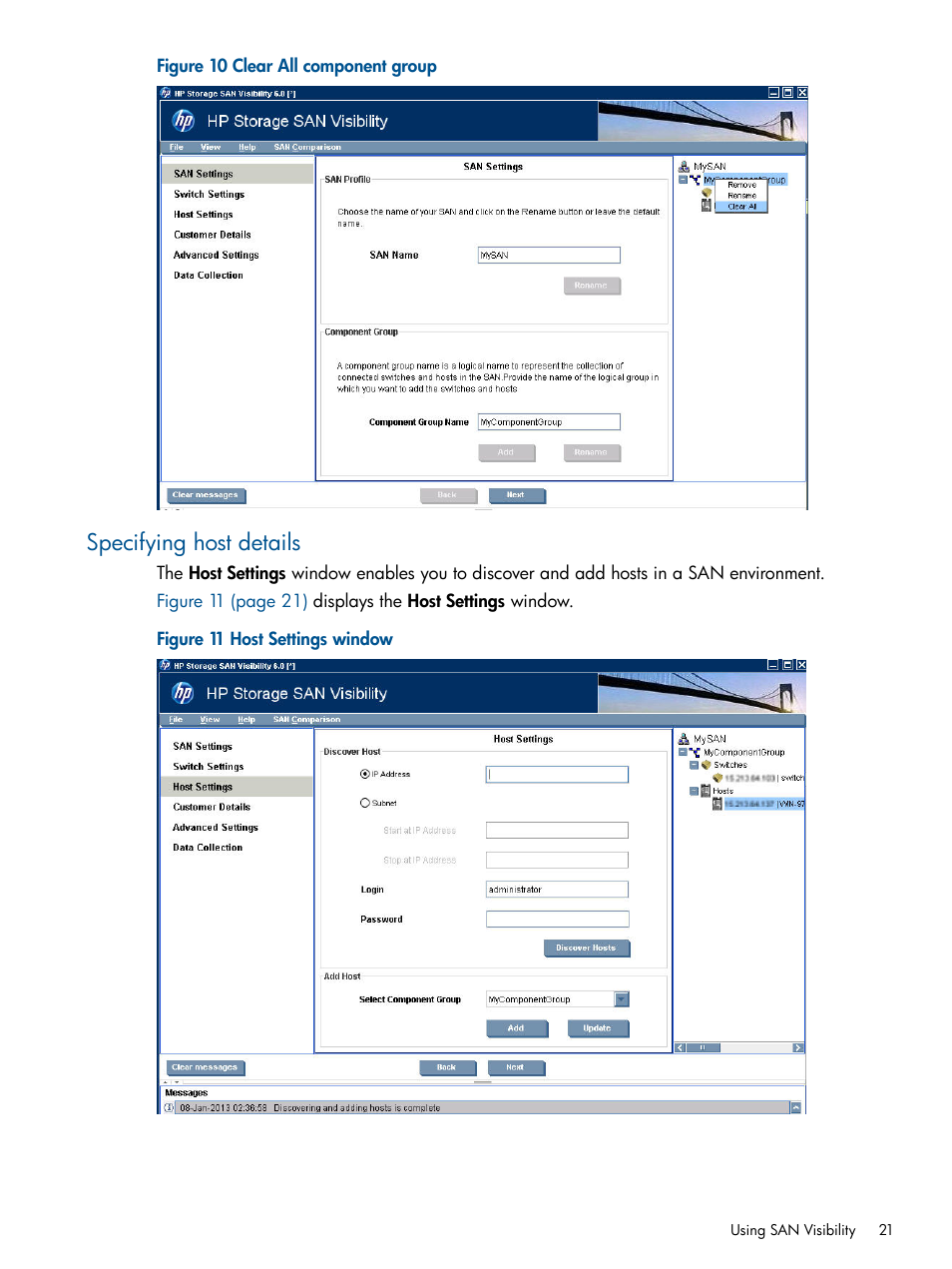 Specifying host details, Clear all component group, Host settings window | HP SAN User Manual | Page 21 / 59