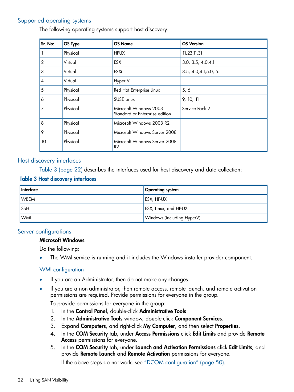 Supported operating systems, Host discovery interfaces, Server configurations | HP SAN User Manual | Page 22 / 59