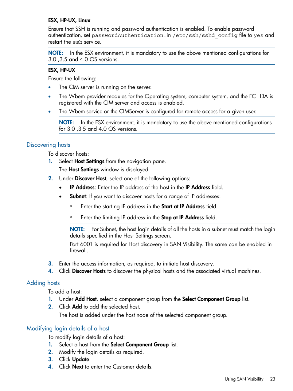 Discovering hosts, Adding hosts, Modifying login details of a host | HP SAN User Manual | Page 23 / 59
