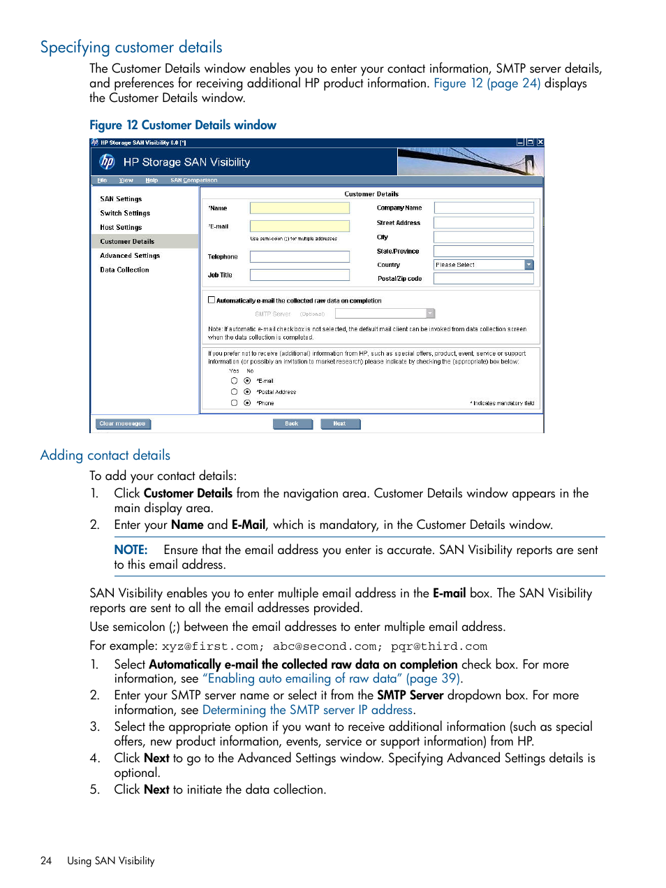 Specifying customer details, Adding contact details, Customer details window | HP SAN User Manual | Page 24 / 59