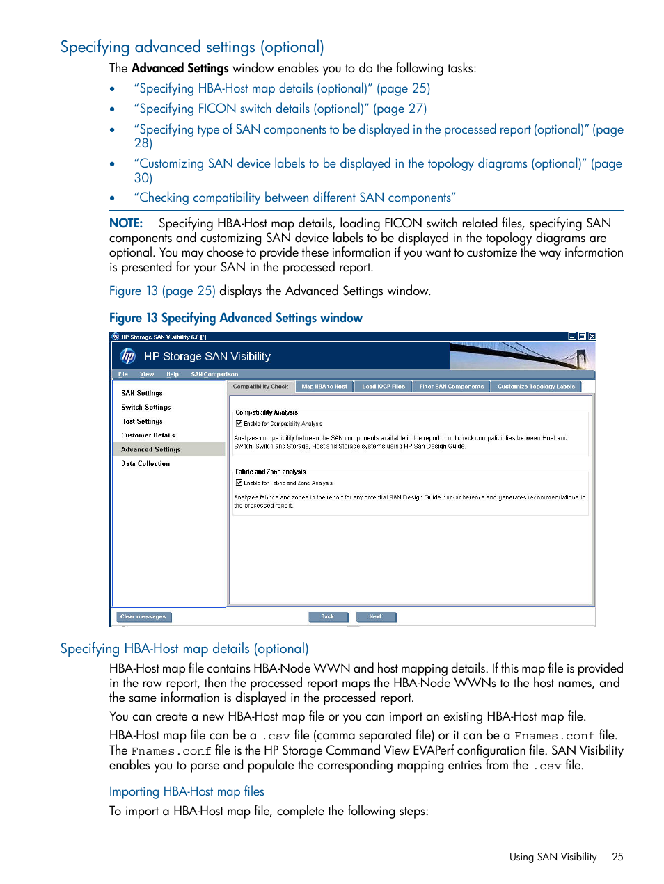 Specifying advanced settings (optional), Specifying hba-host map details (optional), Importing hba-host map files | Specifying advanced settings window | HP SAN User Manual | Page 25 / 59