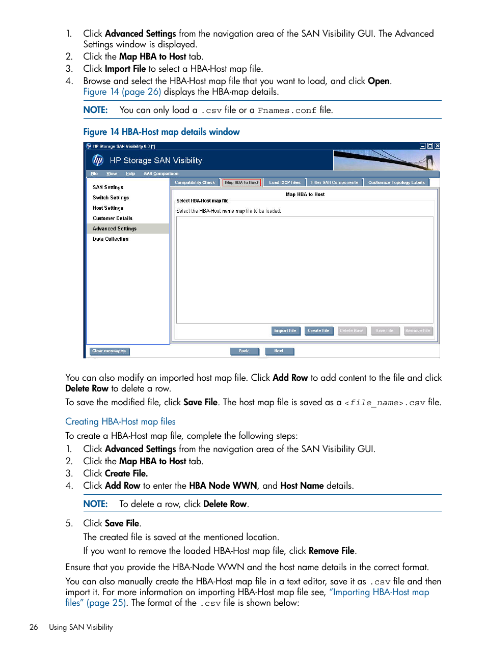 Creating hba-host map files, Hba-host map details window | HP SAN User Manual | Page 26 / 59