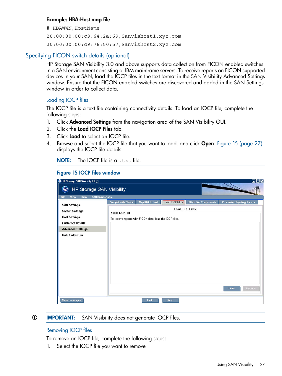 Specifying ficon switch details (optional), Loading iocp files, Removing iocp files | Loading iocp files removing iocp files, Iocp files window | HP SAN User Manual | Page 27 / 59