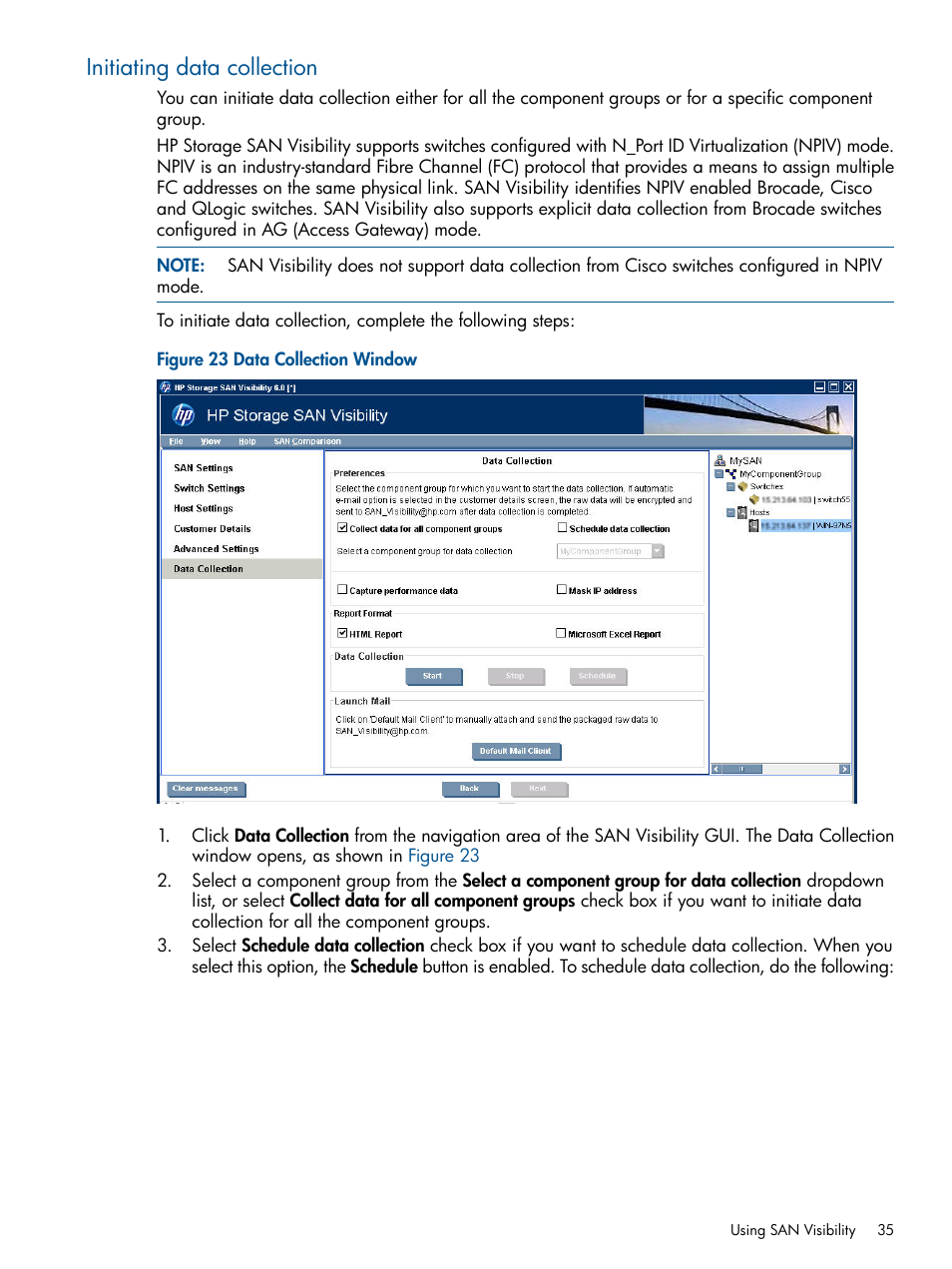 Initiating data collection, Data collection window | HP SAN User Manual | Page 35 / 59