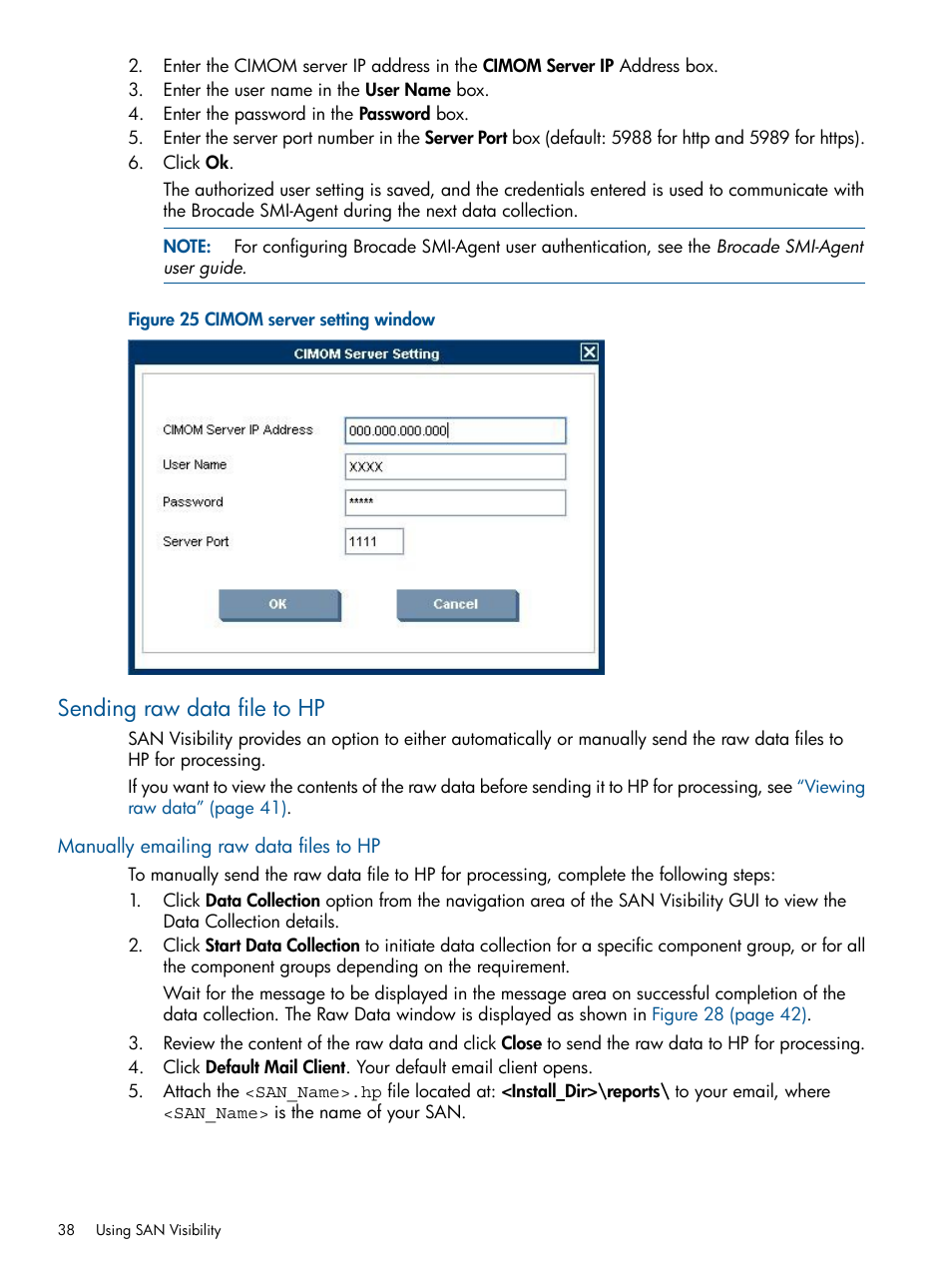 Sending raw data file to hp, Manually emailing raw data files to hp, Cimom server setting window | HP SAN User Manual | Page 38 / 59