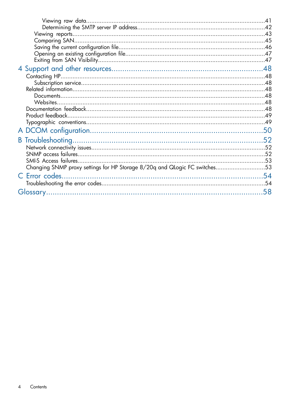 4 support and other resources, A dcom configuration b troubleshooting, C error codes | Glossary | HP SAN User Manual | Page 4 / 59