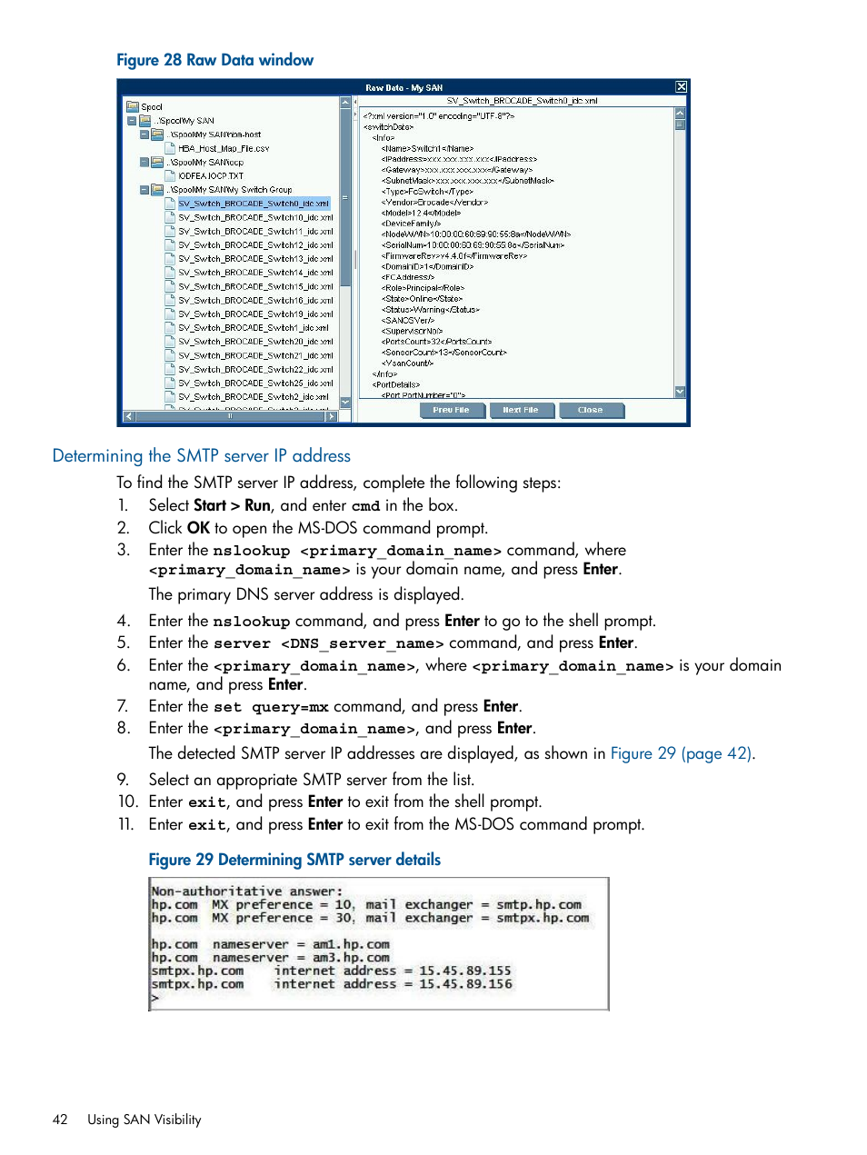 Determining the smtp server ip address, Raw data window, Determining smtp server details | HP SAN User Manual | Page 42 / 59