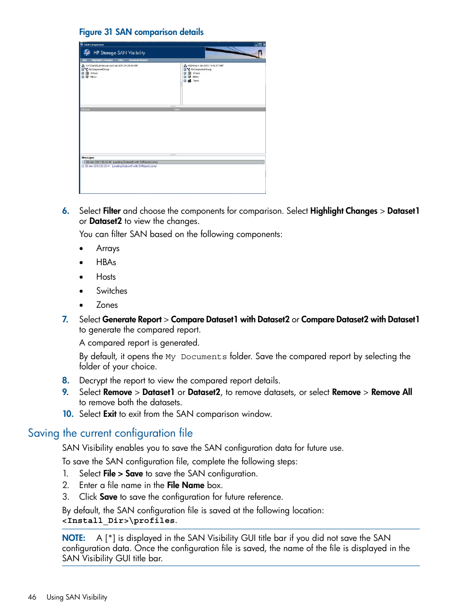 Saving the current configuration file, San comparison details | HP SAN User Manual | Page 46 / 59