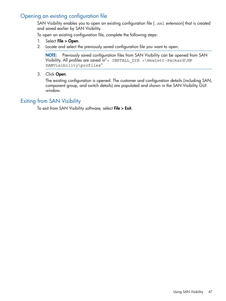 Opening an existing configuration file, Exiting from san visibility | HP SAN User Manual | Page 47 / 59