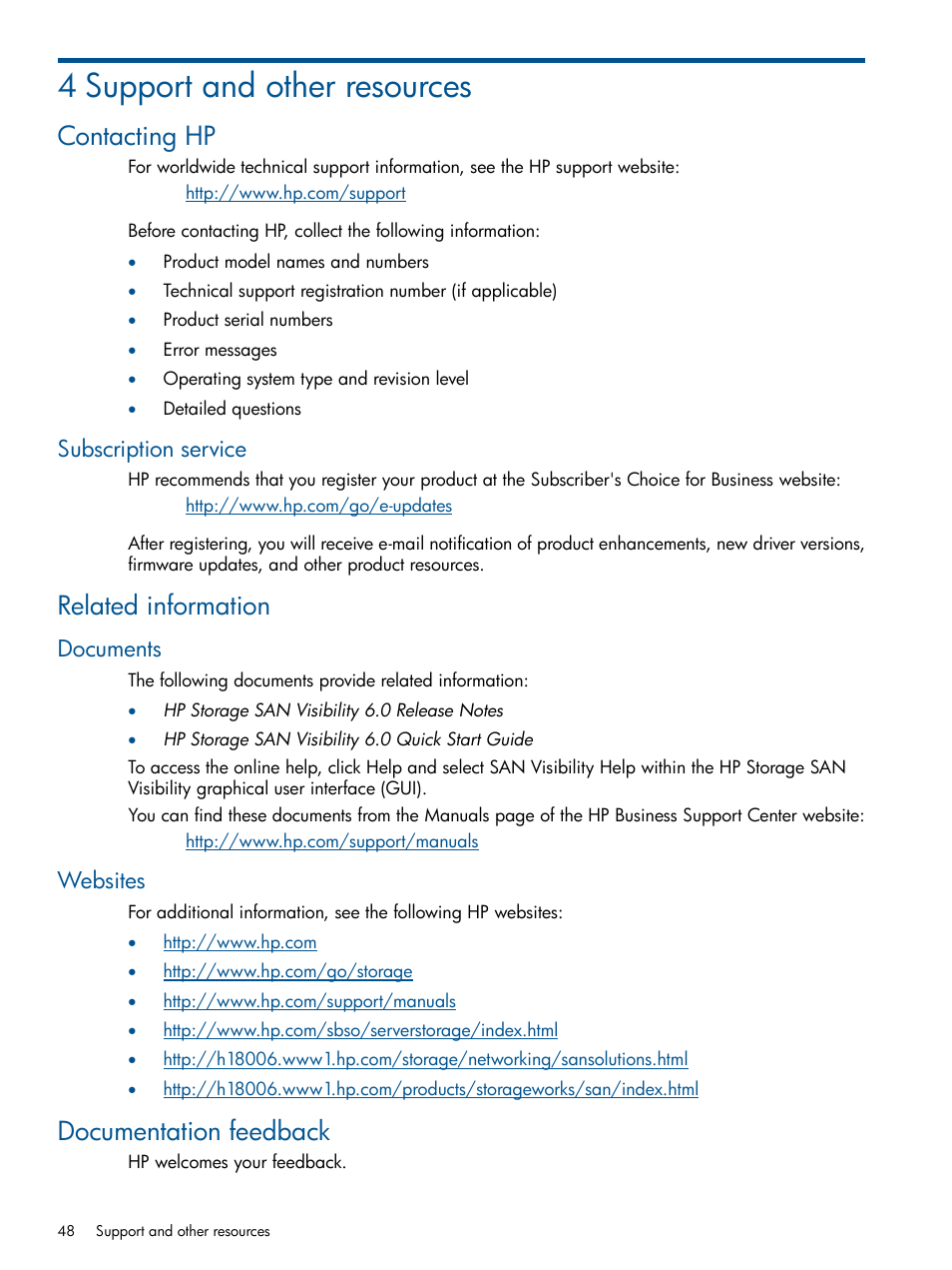 4 support and other resources, Contacting hp, Subscription service | Related information, Documents, Websites, Documentation feedback, Documents websites | HP SAN User Manual | Page 48 / 59