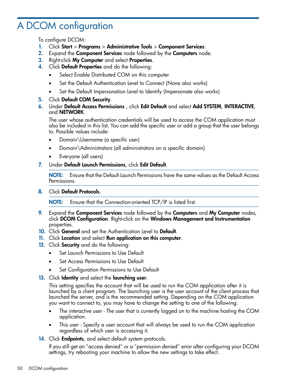 A dcom configuration | HP SAN User Manual | Page 50 / 59