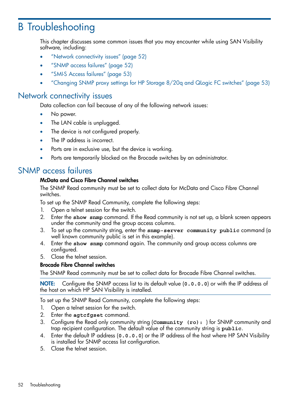 B troubleshooting, Network connectivity issues, Snmp access failures | Network connectivity issues snmp access failures | HP SAN User Manual | Page 52 / 59