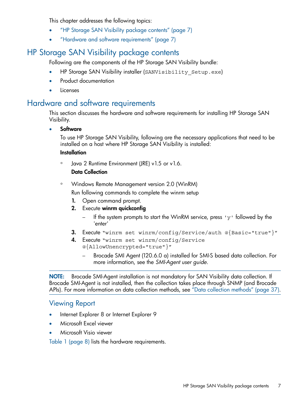 Hp storage san visibility package contents, Hardware and software requirements, Viewing report | HP SAN User Manual | Page 7 / 59