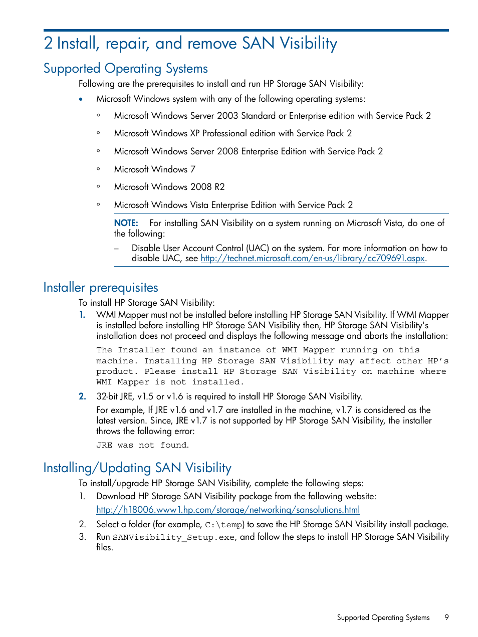 2 install, repair, and remove san visibility, Supported operating systems, Installer prerequisites | Installing/updating san visibility | HP SAN User Manual | Page 9 / 59