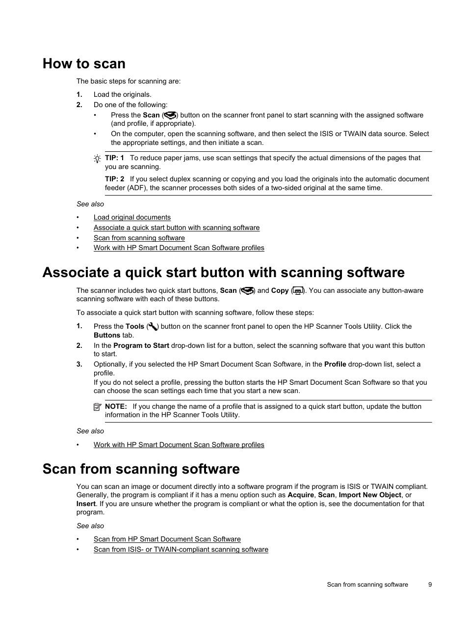 How to scan, Scan from scanning software | HP Scanjet Enterprise Flow N9120 Flatbed Scanner User Manual | Page 11 / 42