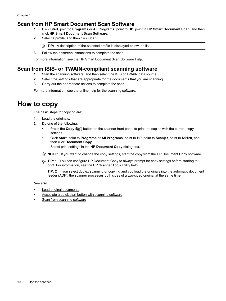 Scan from hp smart document scan software, How to copy | HP Scanjet Enterprise Flow N9120 Flatbed Scanner User Manual | Page 12 / 42