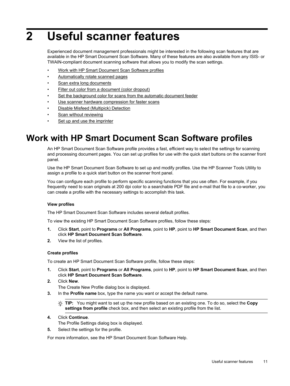 Useful scanner features, Work with hp smart document scan software profiles, 2useful scanner features | HP Scanjet Enterprise Flow N9120 Flatbed Scanner User Manual | Page 13 / 42