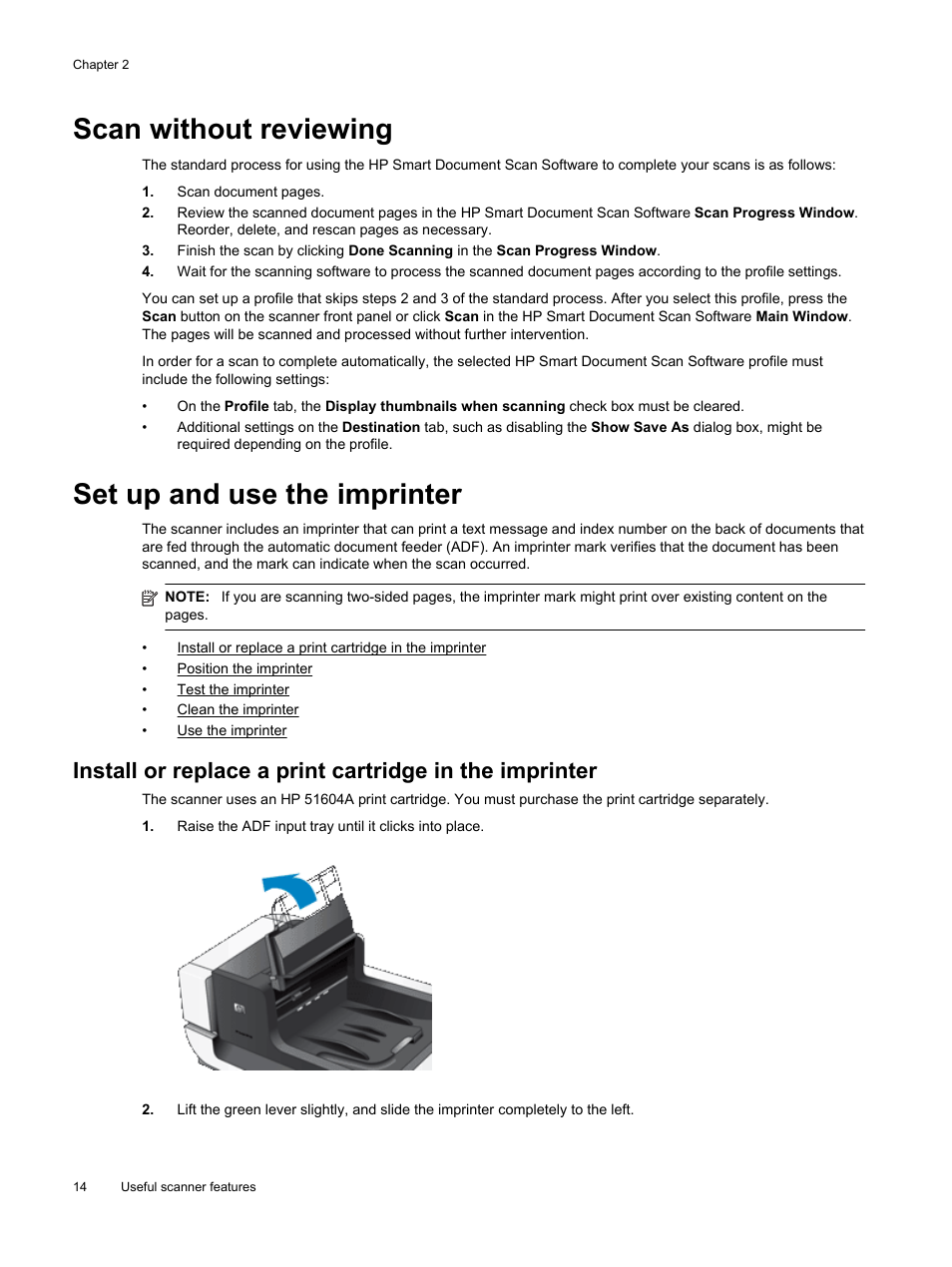 Scan without reviewing, Set up and use the imprinter | HP Scanjet Enterprise Flow N9120 Flatbed Scanner User Manual | Page 16 / 42