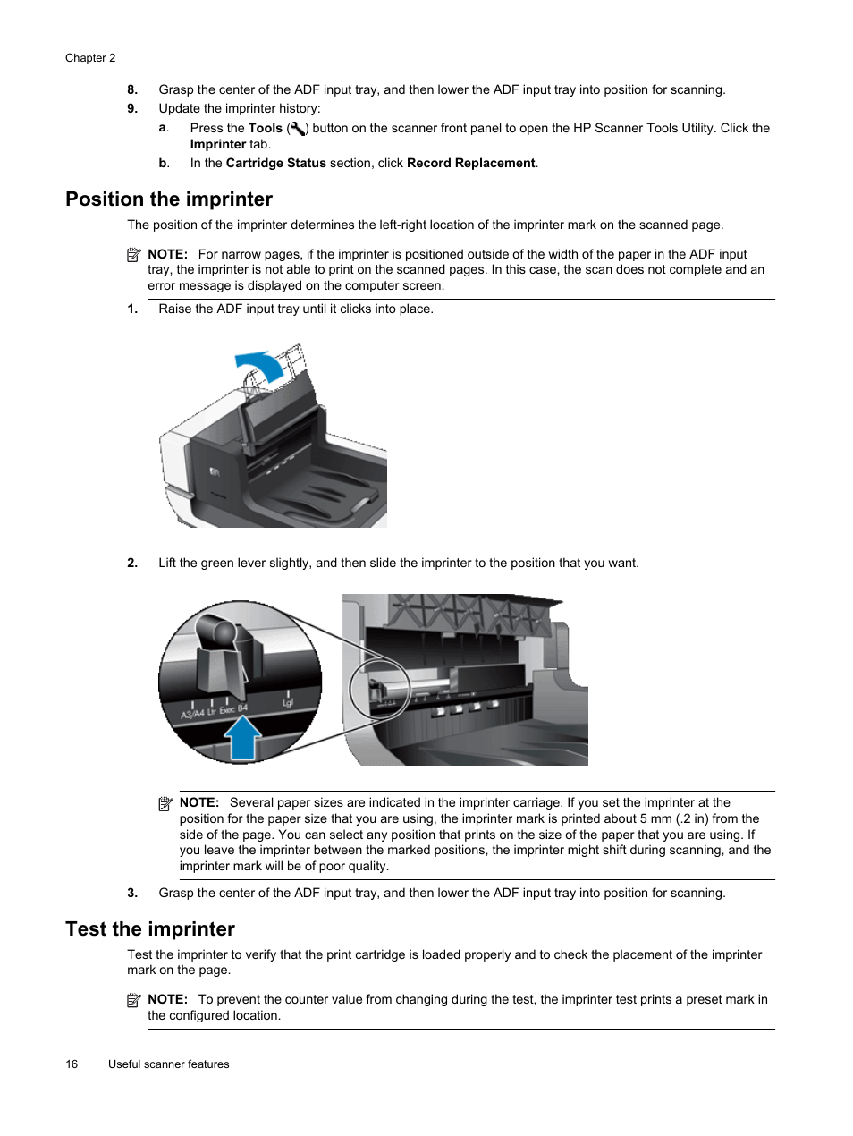 Position the imprinter, Test the imprinter | HP Scanjet Enterprise Flow N9120 Flatbed Scanner User Manual | Page 18 / 42