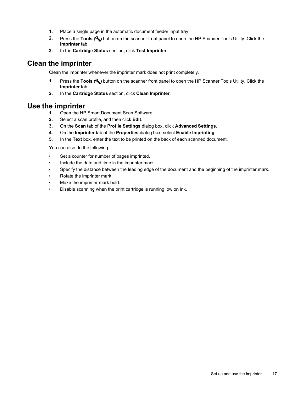 Clean the imprinter, Use the imprinter | HP Scanjet Enterprise Flow N9120 Flatbed Scanner User Manual | Page 19 / 42