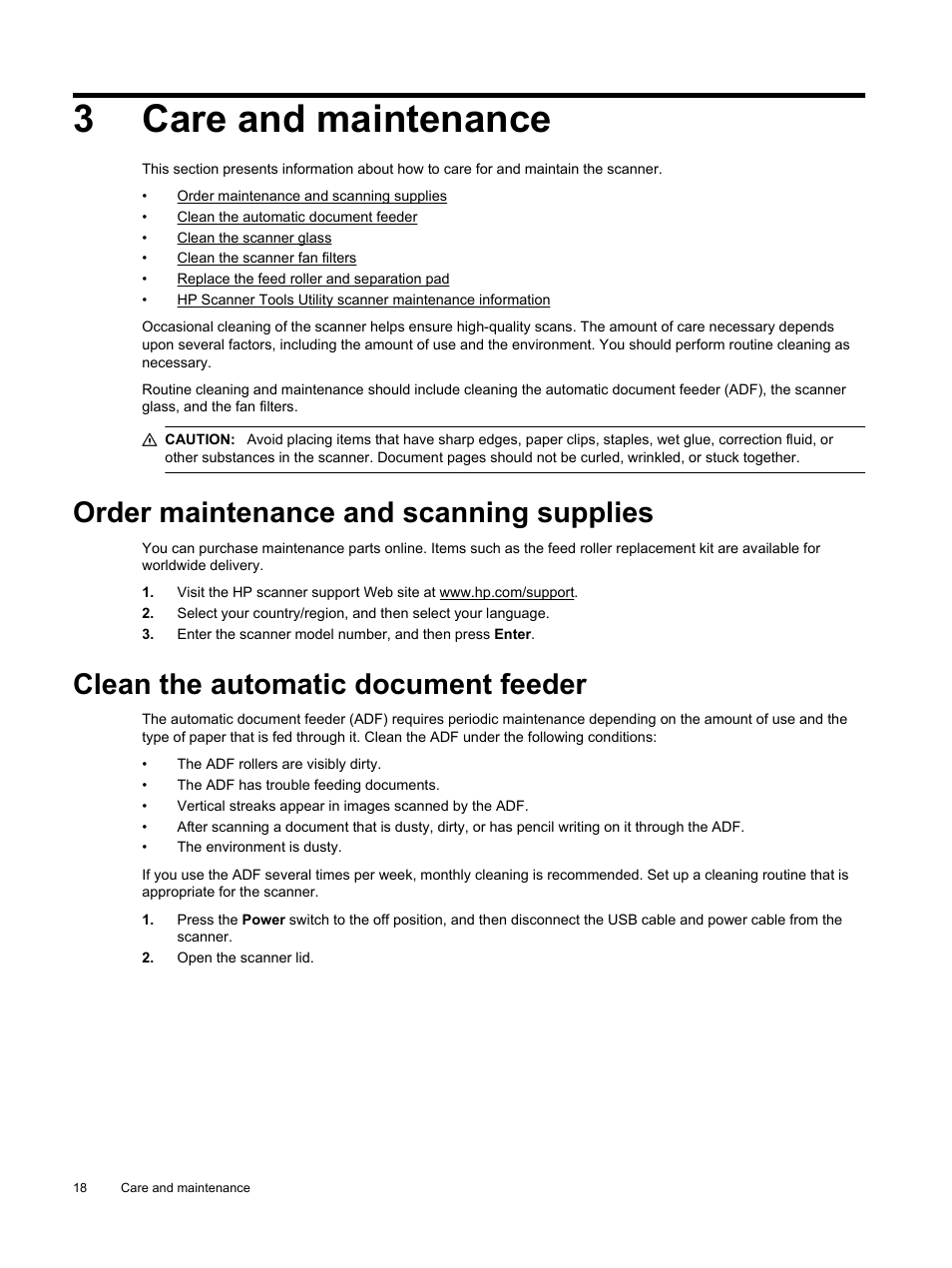 Care and maintenance, Order maintenance and scanning supplies, Clean the automatic document feeder | 3care and maintenance | HP Scanjet Enterprise Flow N9120 Flatbed Scanner User Manual | Page 20 / 42
