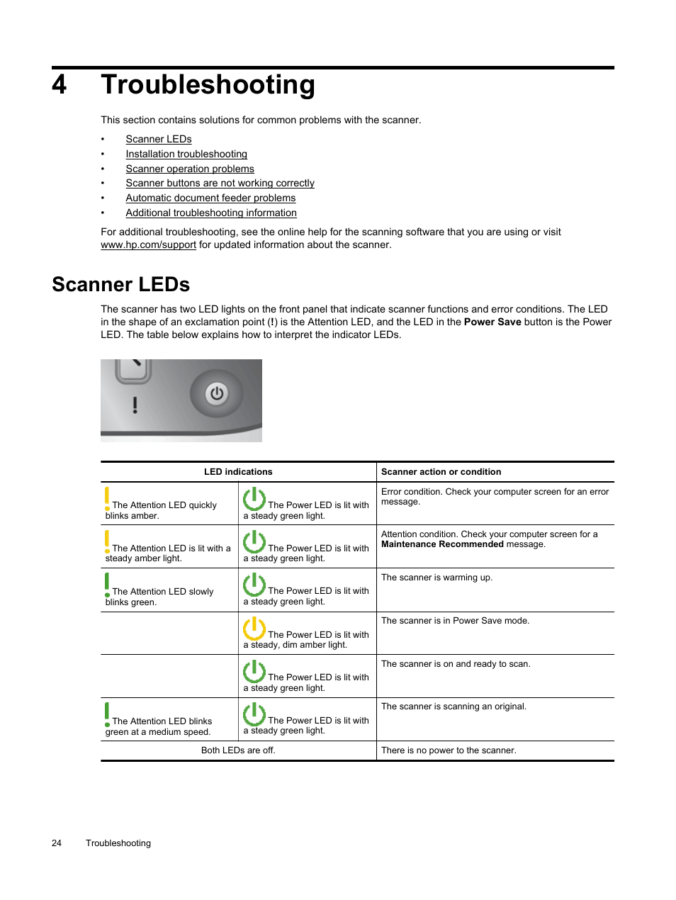 Troubleshooting, Scanner leds, 4troubleshooting | HP Scanjet Enterprise Flow N9120 Flatbed Scanner User Manual | Page 26 / 42