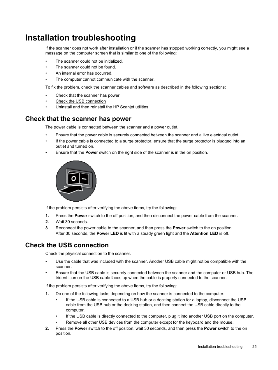 Installation troubleshooting, Check that the scanner has power, Check the usb connection | HP Scanjet Enterprise Flow N9120 Flatbed Scanner User Manual | Page 27 / 42