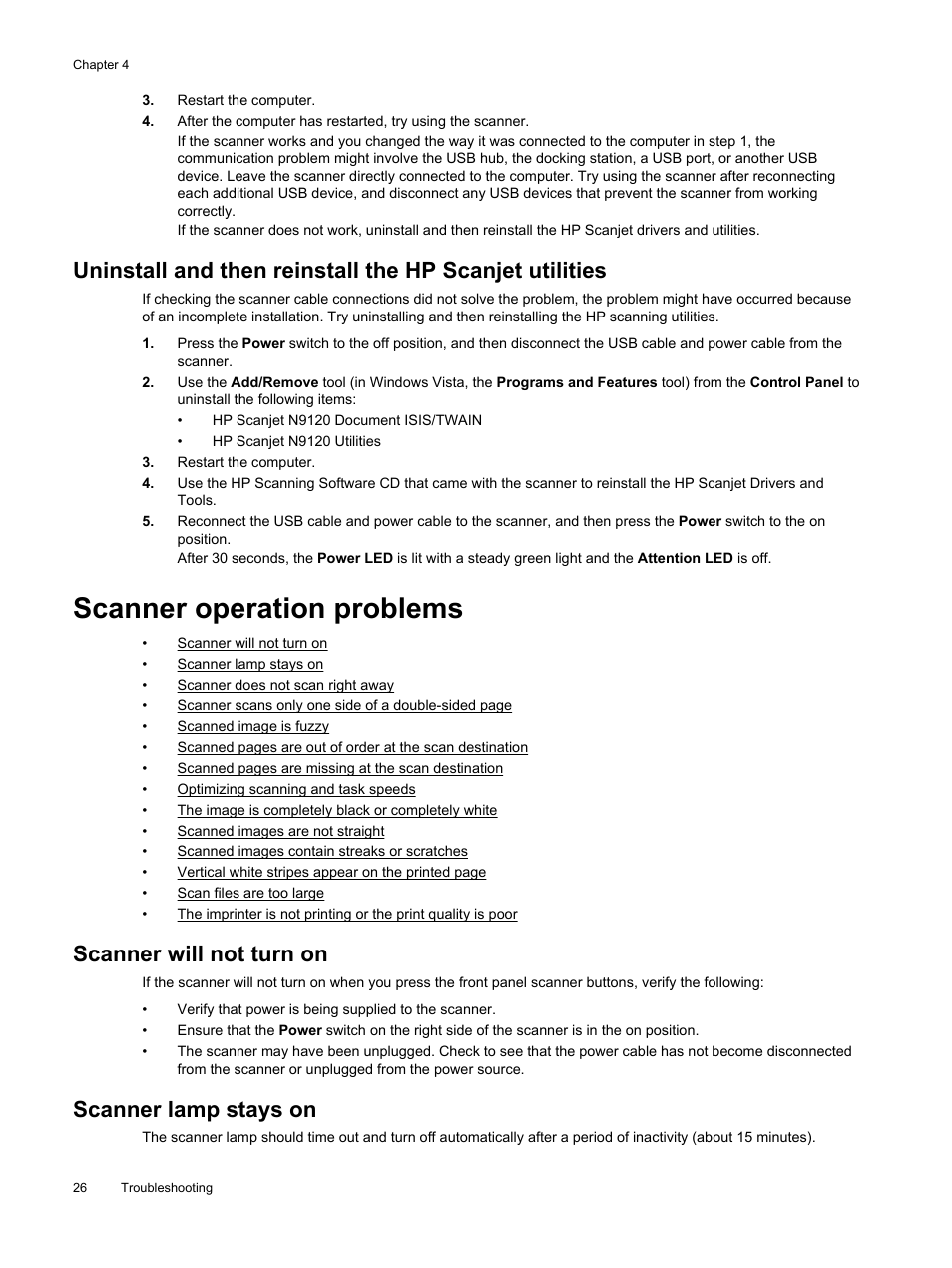 Scanner operation problems, Scanner will not turn on, Scanner lamp stays on | HP Scanjet Enterprise Flow N9120 Flatbed Scanner User Manual | Page 28 / 42