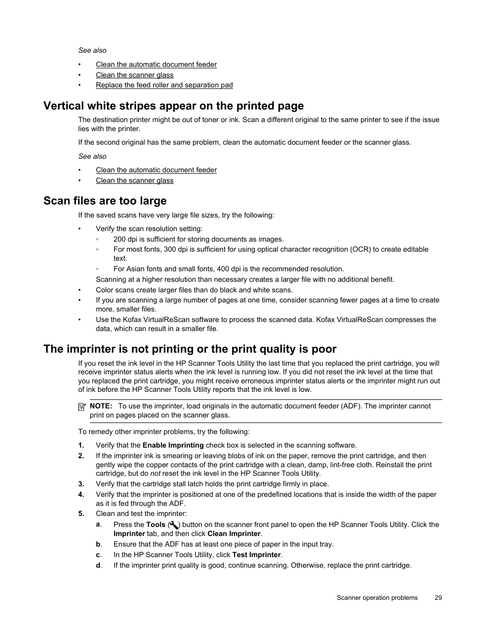 Scan files are too large, Vertical white stripes appear on the printed page | HP Scanjet Enterprise Flow N9120 Flatbed Scanner User Manual | Page 31 / 42