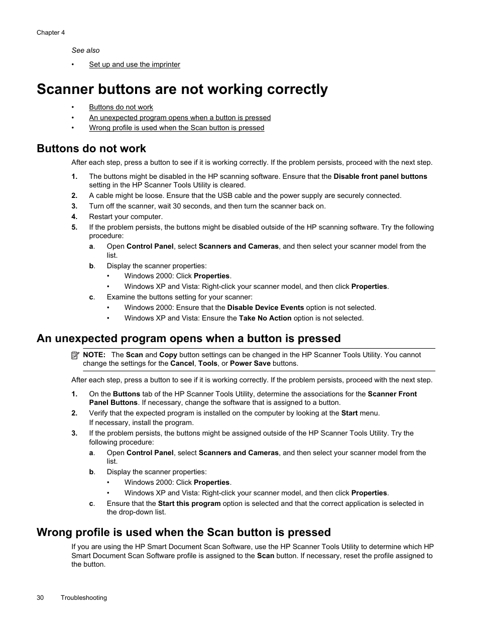 Scanner buttons are not working correctly, Buttons do not work | HP Scanjet Enterprise Flow N9120 Flatbed Scanner User Manual | Page 32 / 42
