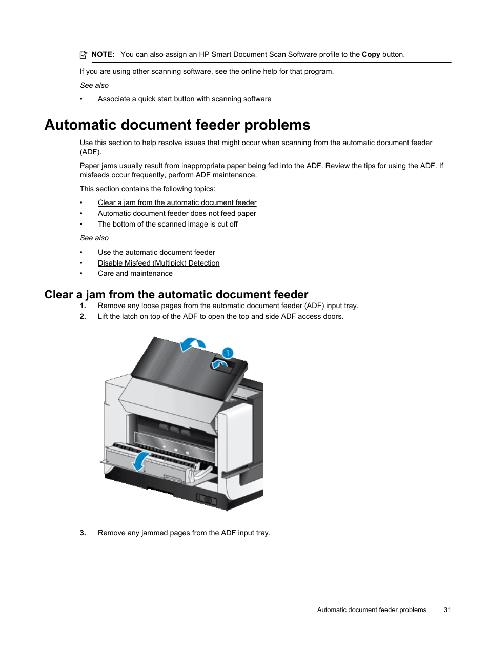 Automatic document feeder problems, Clear a jam from the automatic document feeder, He bottom of the scanned image is cut off | HP Scanjet Enterprise Flow N9120 Flatbed Scanner User Manual | Page 33 / 42