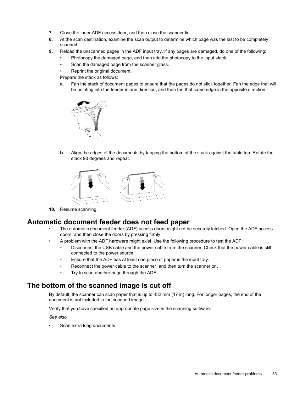 Automatic document feeder does not feed paper, The bottom of the scanned image is cut off | HP Scanjet Enterprise Flow N9120 Flatbed Scanner User Manual | Page 35 / 42