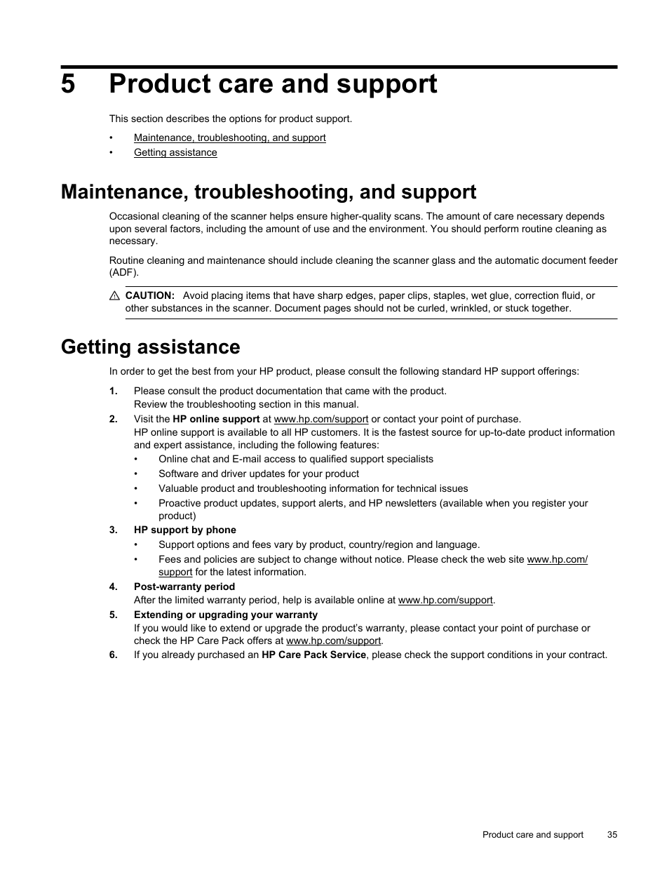 Product care and support, Maintenance, troubleshooting, and support, Getting assistance | 5product care and support | HP Scanjet Enterprise Flow N9120 Flatbed Scanner User Manual | Page 37 / 42