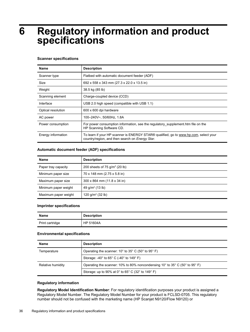 Regulatory information and product specifications, 6regulatory information and product specifications | HP Scanjet Enterprise Flow N9120 Flatbed Scanner User Manual | Page 38 / 42