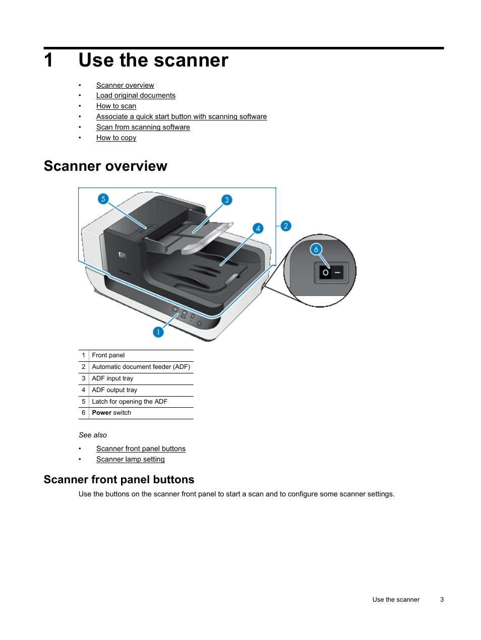 Use the scanner, Scanner overview, Scanner front panel buttons | Scanner front panel buttons scanner lamp setting, 1use the scanner | HP Scanjet Enterprise Flow N9120 Flatbed Scanner User Manual | Page 5 / 42