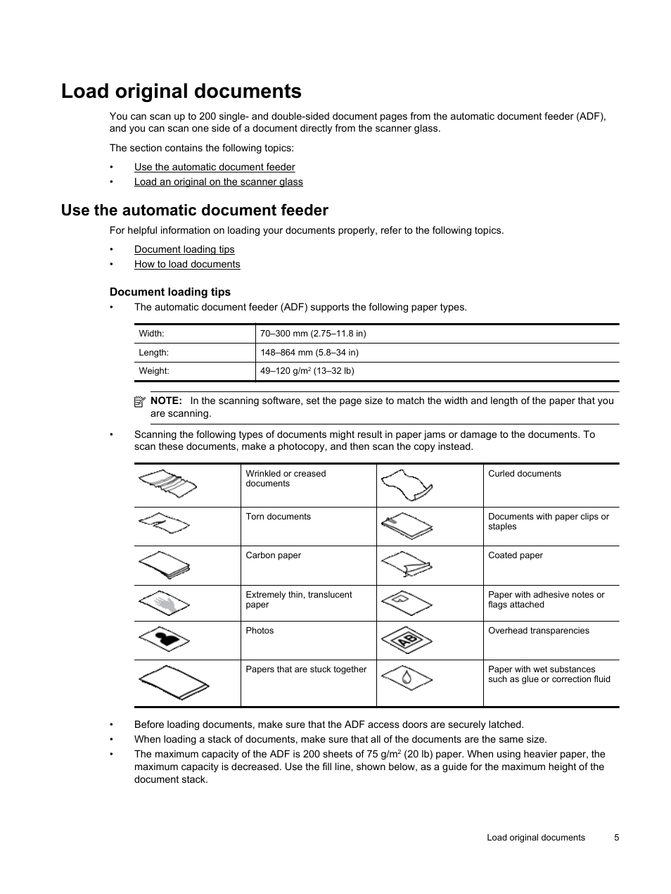 Load original documents, Use the automatic document feeder, Document loading tips | Document loading tips how to load documents, Oad an original on the scanner glass | HP Scanjet Enterprise Flow N9120 Flatbed Scanner User Manual | Page 7 / 42
