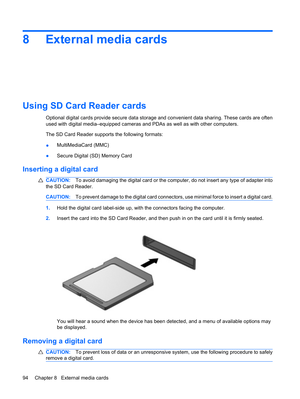 External media cards, Using sd card reader cards, Inserting a digital card | Removing a digital card, 8 external media cards, Inserting a digital card removing a digital card, 8external media cards | HP EliteBook 2540p Notebook PC User Manual | Page 106 / 175