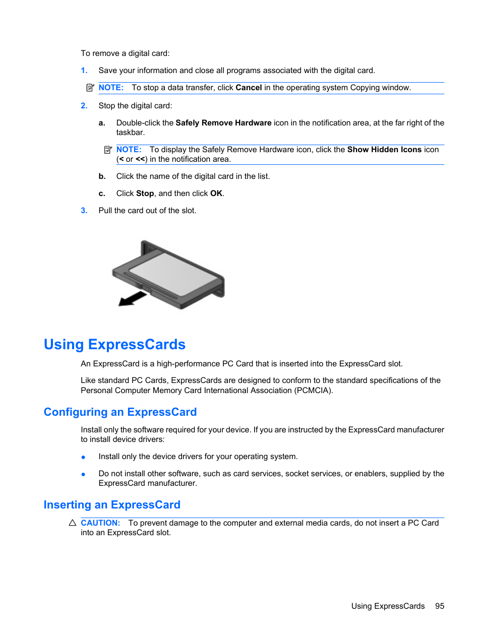 Using expresscards, Configuring an expresscard, Inserting an expresscard | HP EliteBook 2540p Notebook PC User Manual | Page 107 / 175