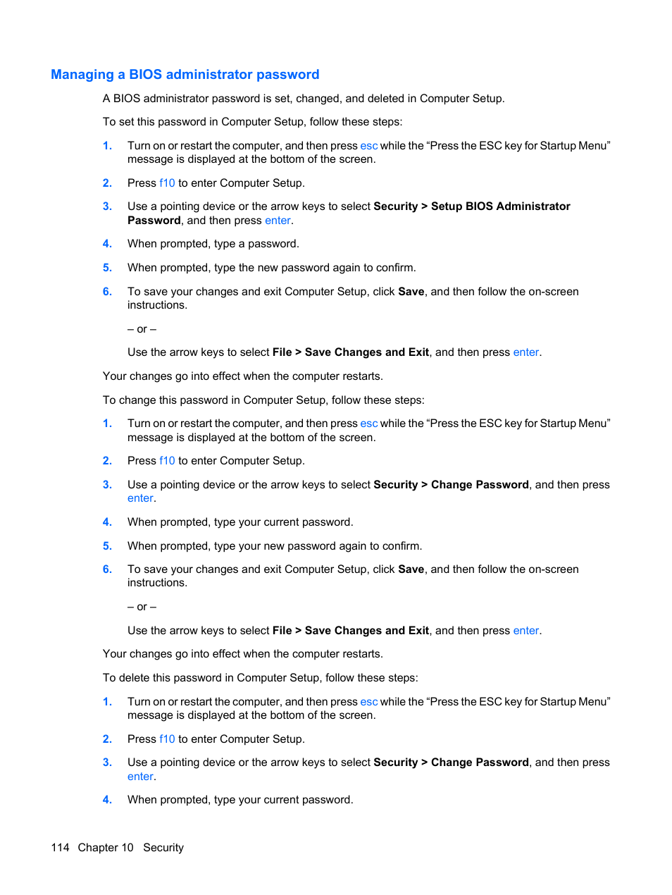 Managing a bios administrator password | HP EliteBook 2540p Notebook PC User Manual | Page 126 / 175
