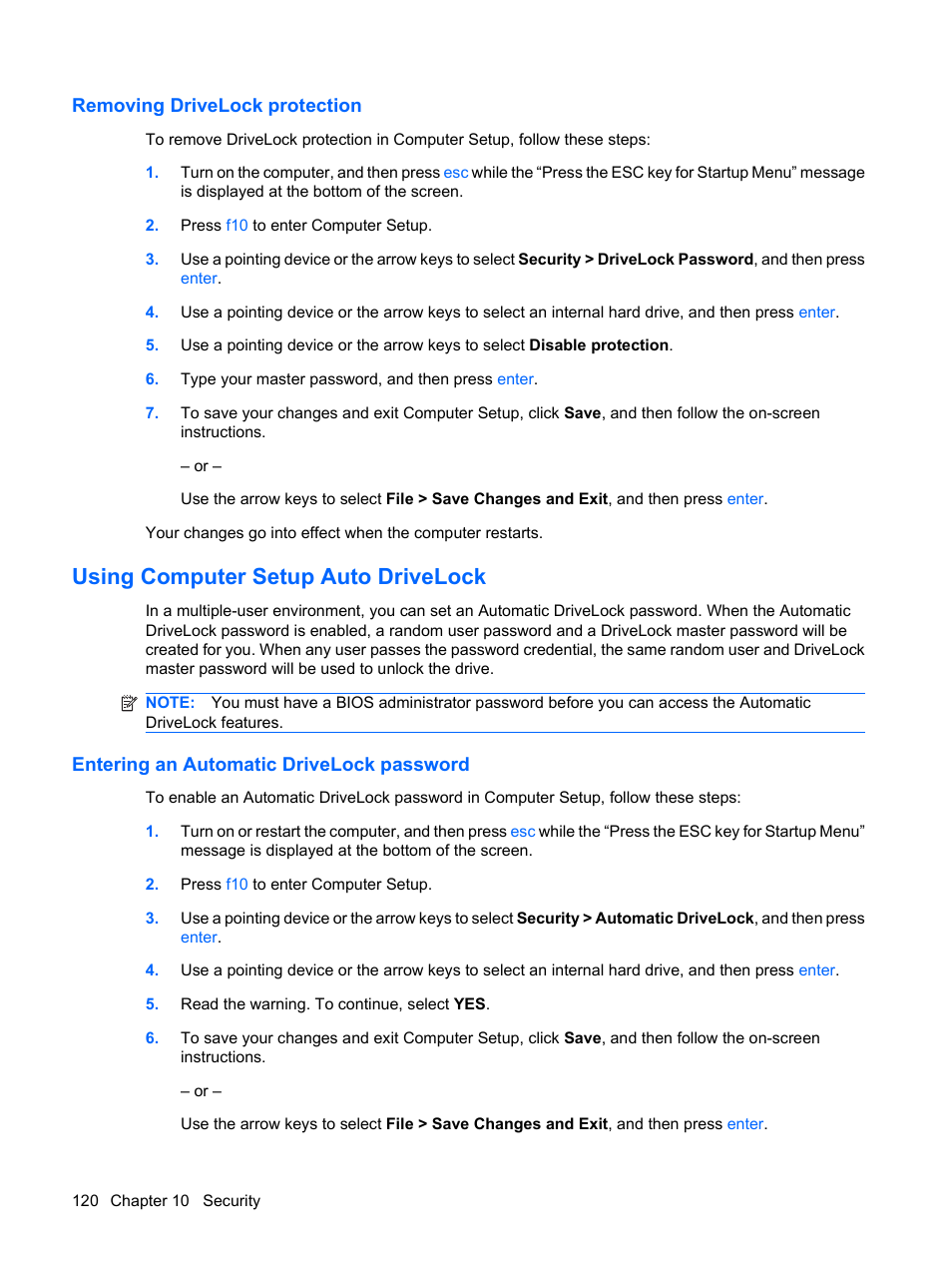 Removing drivelock protection, Using computer setup auto drivelock, Entering an automatic drivelock password | HP EliteBook 2540p Notebook PC User Manual | Page 132 / 175
