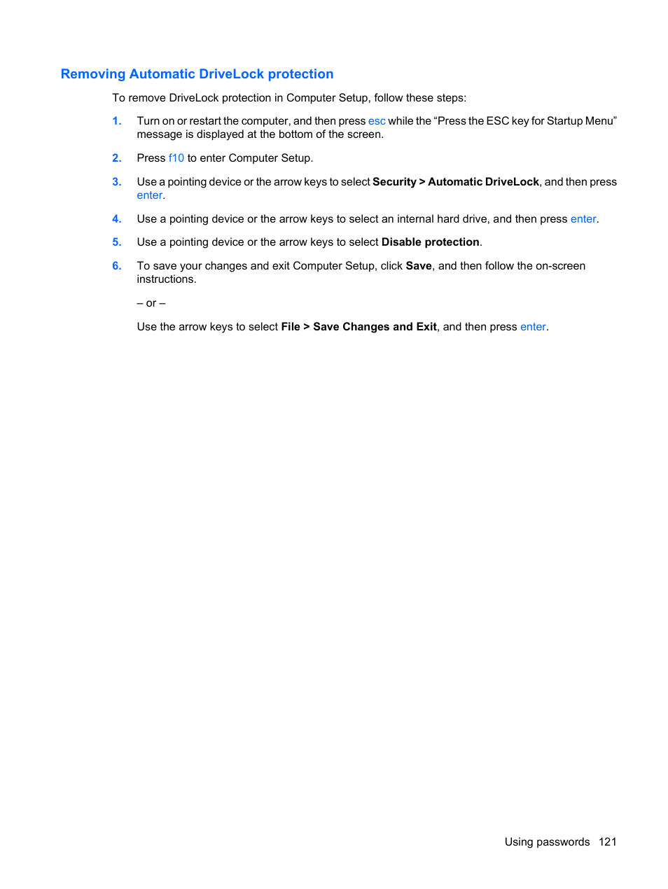 Removing automatic drivelock protection | HP EliteBook 2540p Notebook PC User Manual | Page 133 / 175