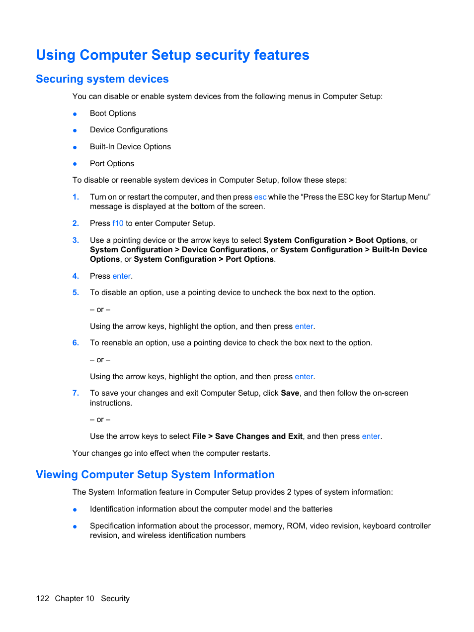 Using computer setup security features, Securing system devices, Viewing computer setup system information | HP EliteBook 2540p Notebook PC User Manual | Page 134 / 175