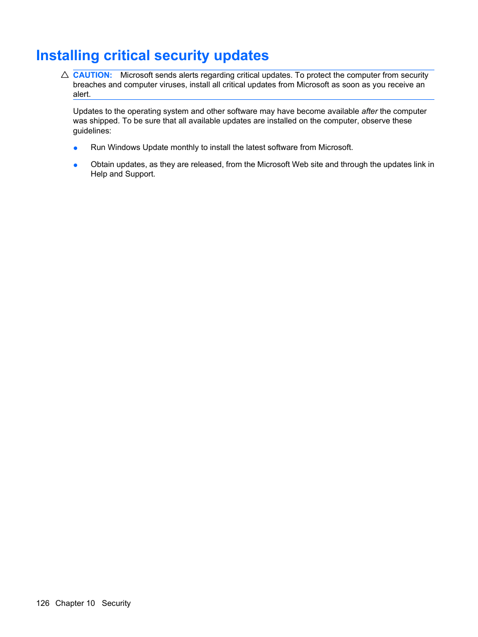 Installing critical security updates | HP EliteBook 2540p Notebook PC User Manual | Page 138 / 175