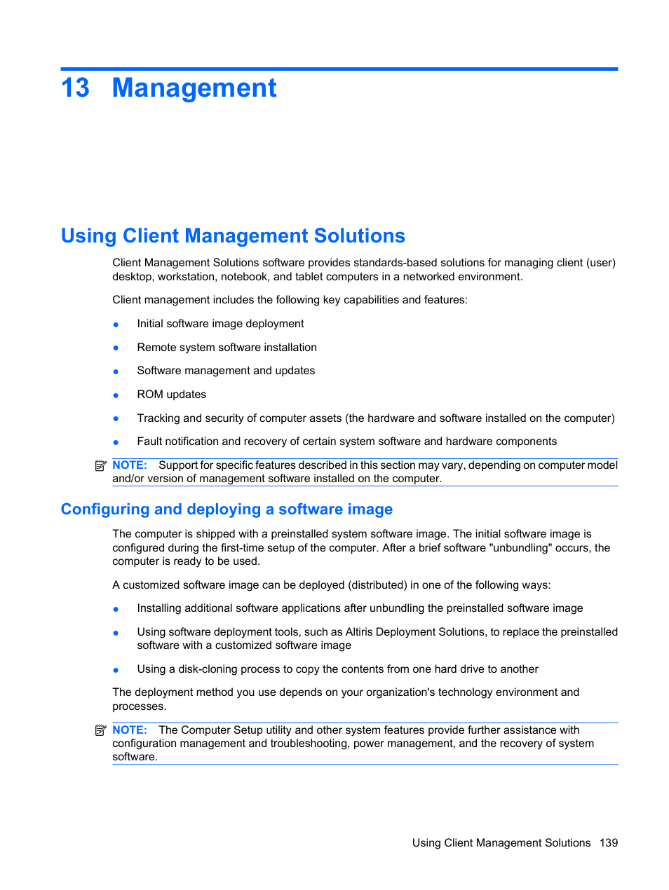 Management, Using client management solutions, Configuring and deploying a software image | 13 management | HP EliteBook 2540p Notebook PC User Manual | Page 151 / 175