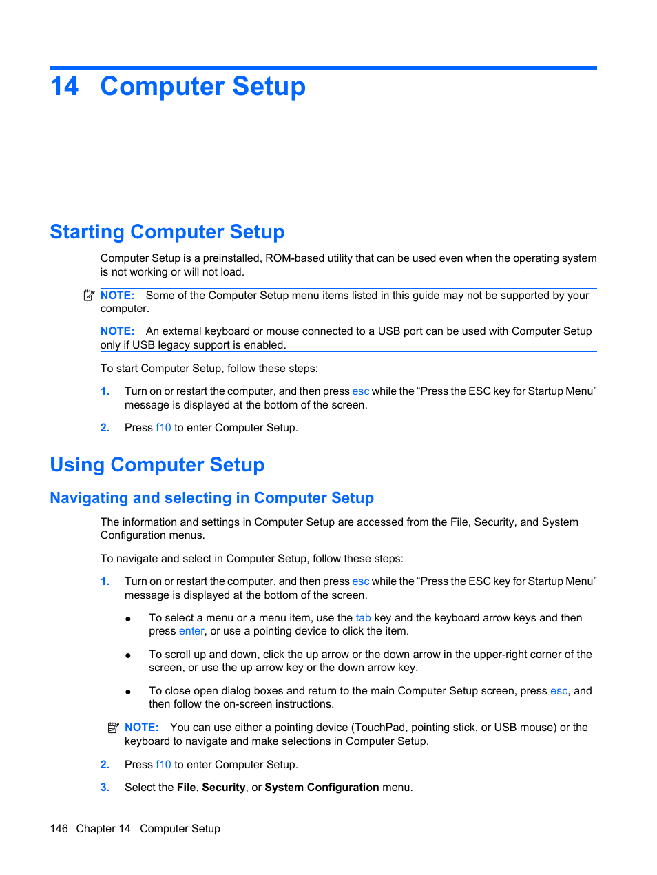 Computer setup, Starting computer setup, Using computer setup | Navigating and selecting in computer setup, 14 computer setup, Starting computer setup using computer setup | HP EliteBook 2540p Notebook PC User Manual | Page 158 / 175