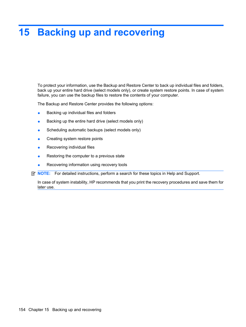 Backing up and recovering, 15 backing up and recovering | HP EliteBook 2540p Notebook PC User Manual | Page 166 / 175
